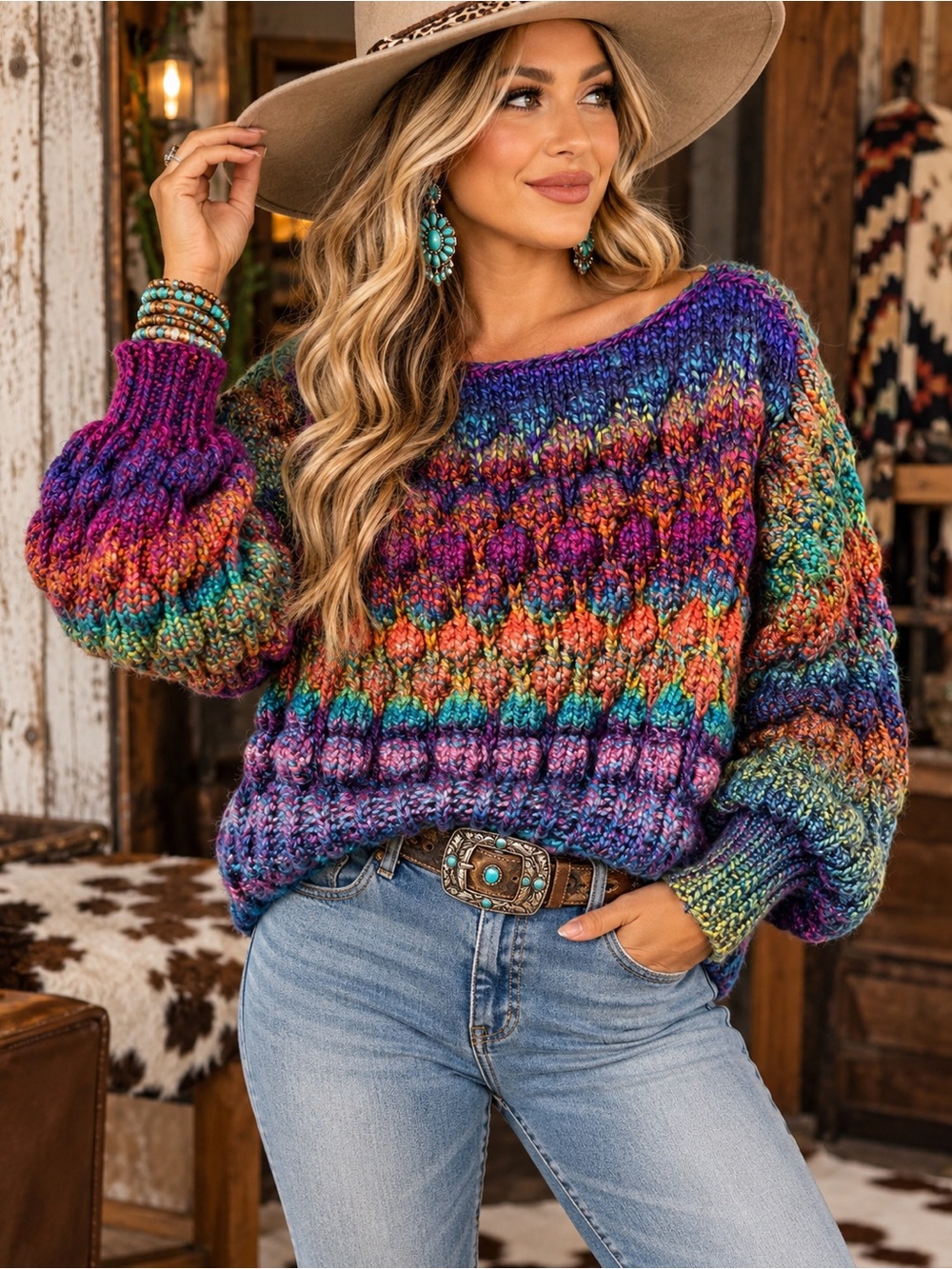 Hand Knit Multicolor Chunky Textured Boho Sweater Oversized Artisan